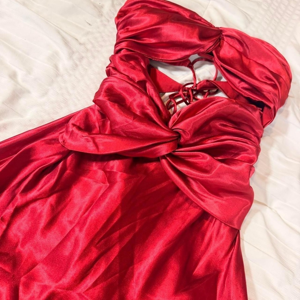 American Threads Red Satin Strapless Cutout Lace Up Mini Dress Small - Picture 3 of 8